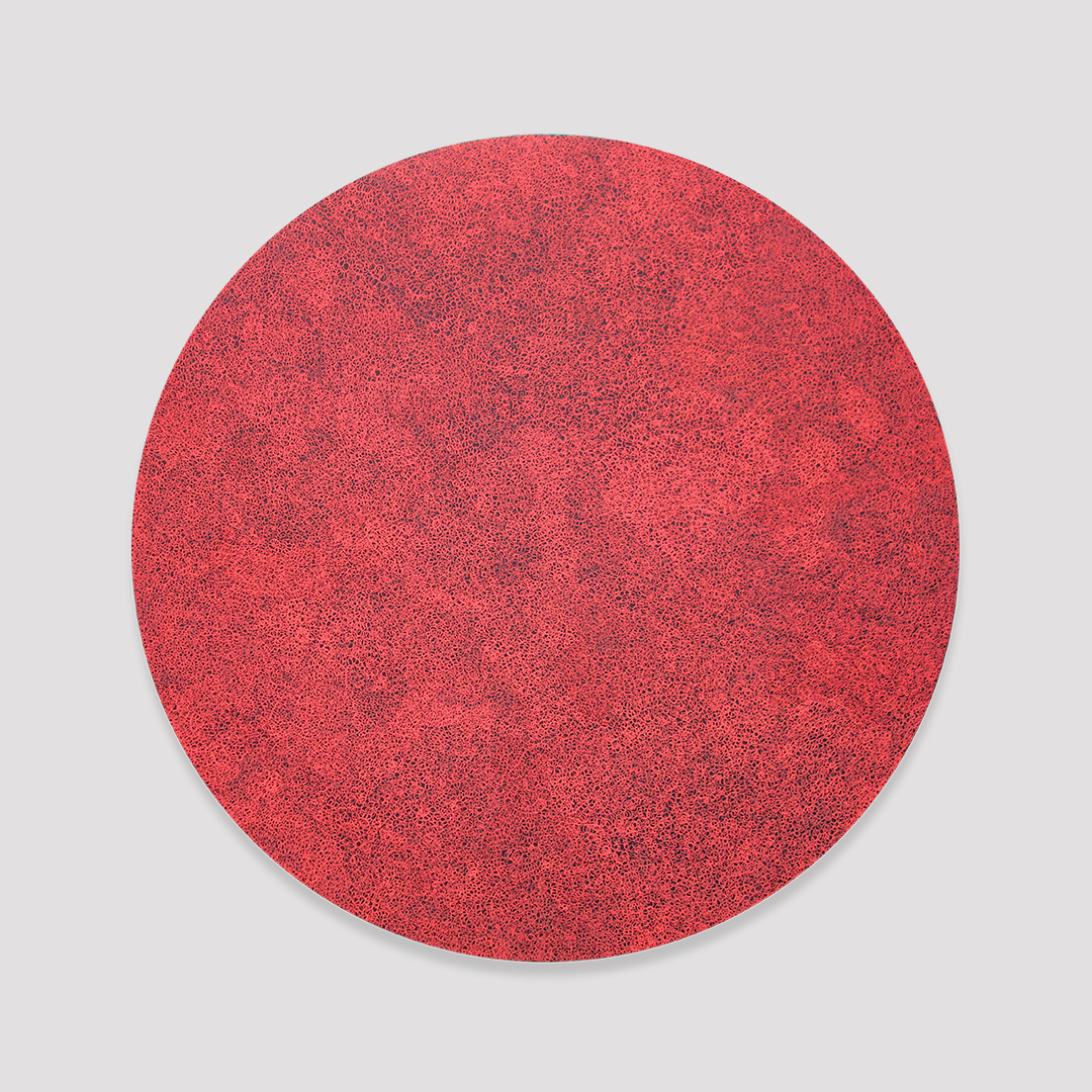 Extra fine red scribble filling a black circle
