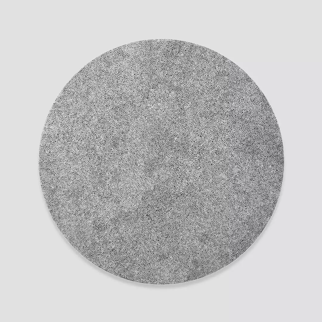 Extra fine white scribble filling a black circle