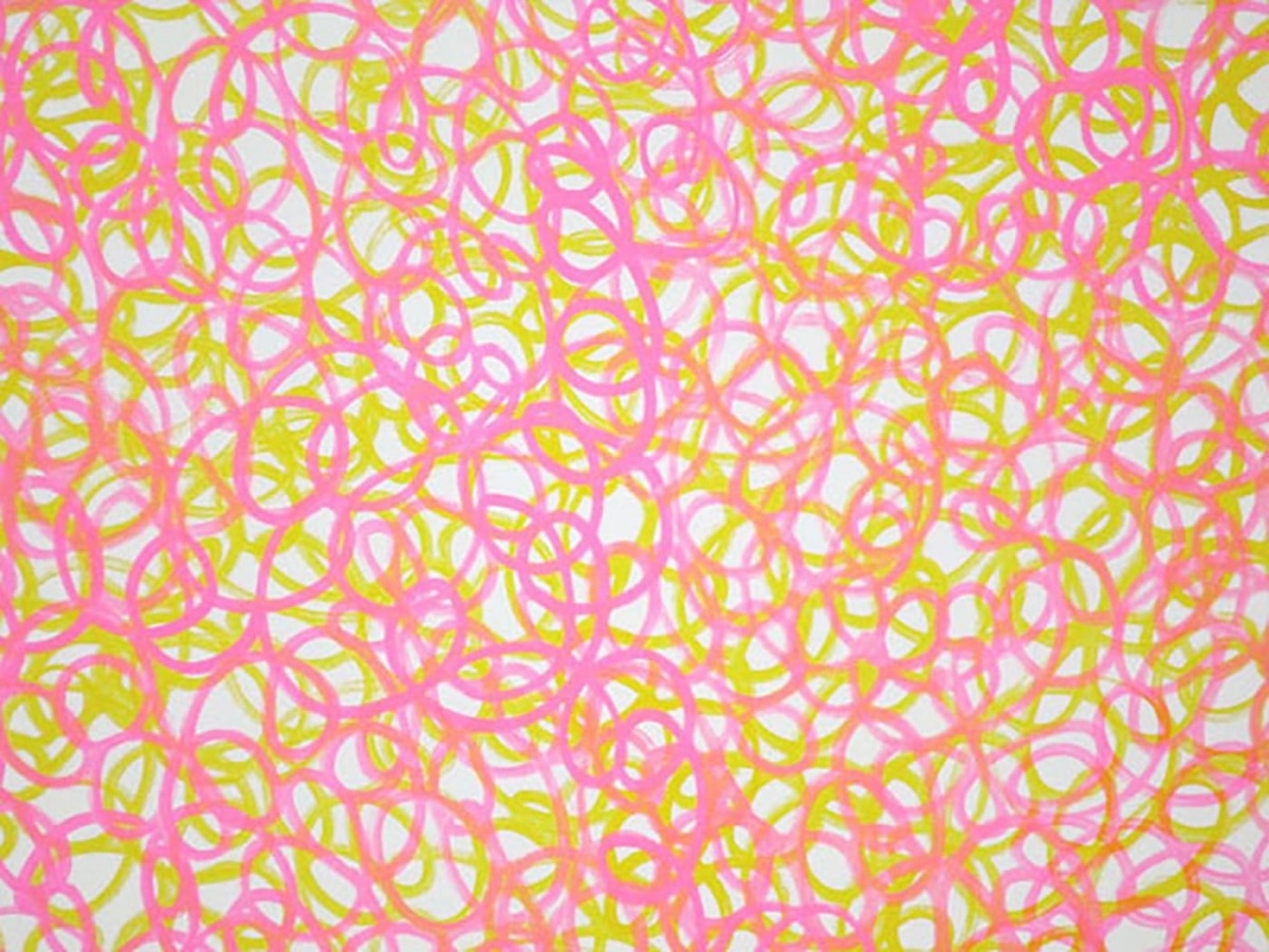 Medium pink and yellow scribbles filling a white circle (detail)